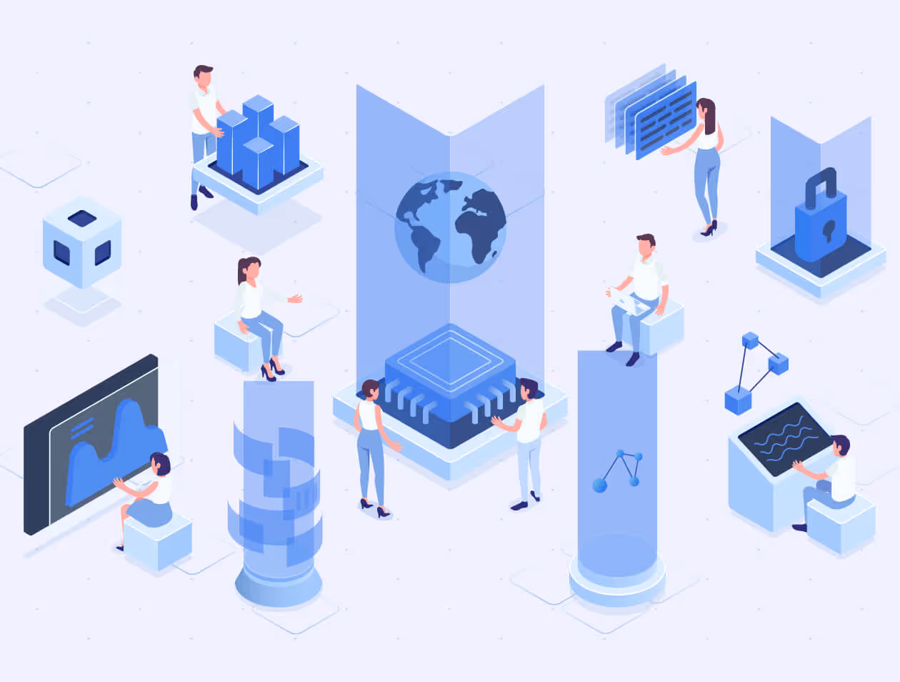 Isometric illustration of people interacting with various AI and technology interfaces, including holograms, robots, data visualizations, and digital devices in a futuristic workspace.