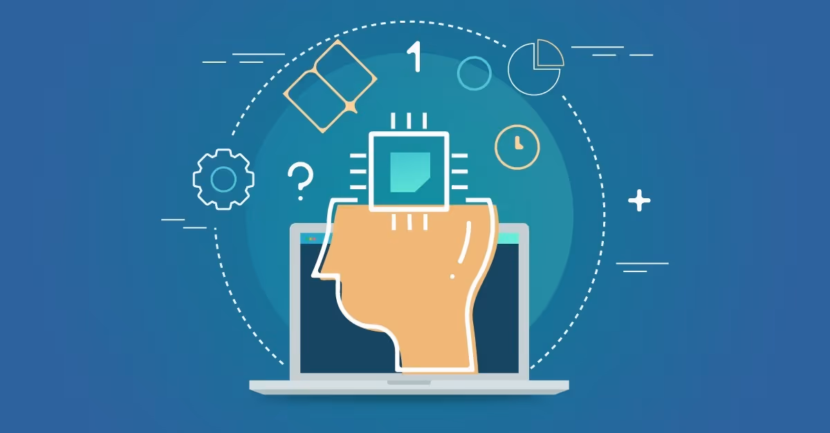 Illustration of a hand emerging from a laptop screen holding a microchip, surrounded by digital icons and binary symbols on a blue background, symbolizing AI and machine learning.