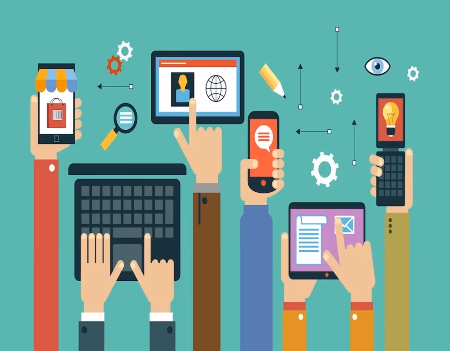 Flat-style illustration of multiple hands using digital devices including smartphones, a tablet, a laptop, and a feature phone, set against a teal background with icons representing connectivity and communication.