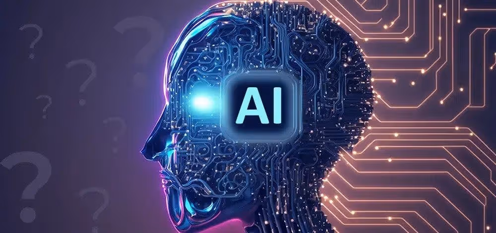 Digital rendering of a human head filled with circuitry, featuring a glowing 'AI' symbol in the brain area, set against a purple background with question marks.