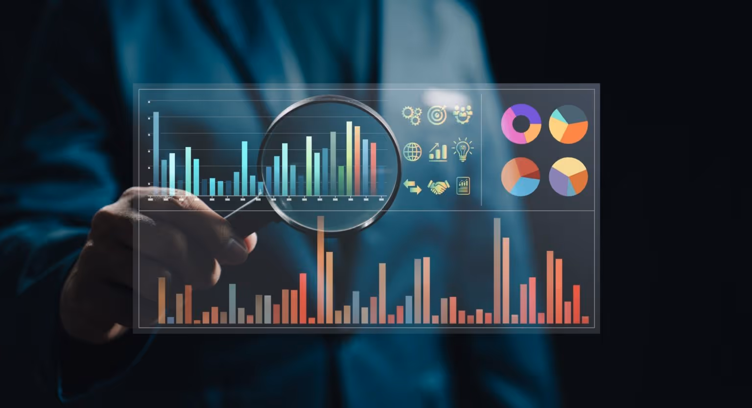 Businessperson in a suit pointing at a transparent digital screen displaying colorful bar graphs, pie charts, and a magnifying glass highlighting data for analysis.