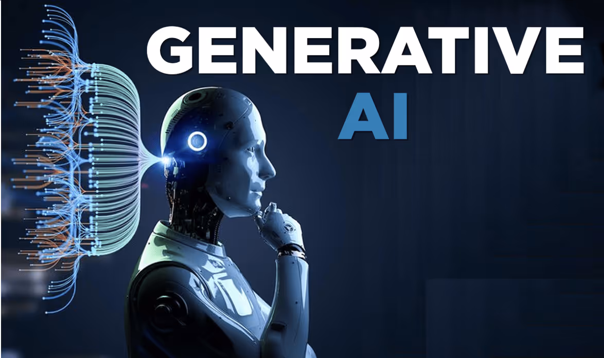 Futuristic illustration of a humanoid robot with illuminated neural connections, looking thoughtful beneath the bold title 'Generative AI' on a dark digital background.