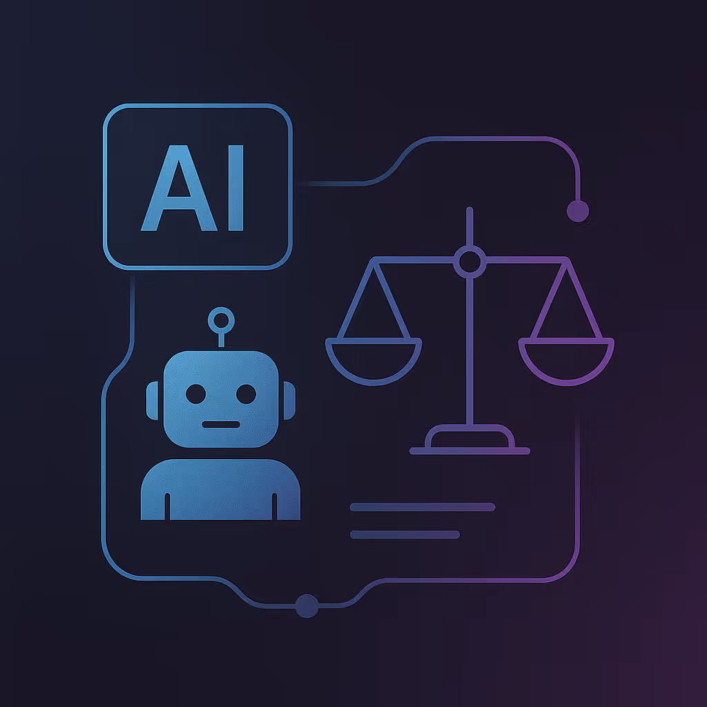 dark blue and purple background with cartoon of ai robot and decorative lines around