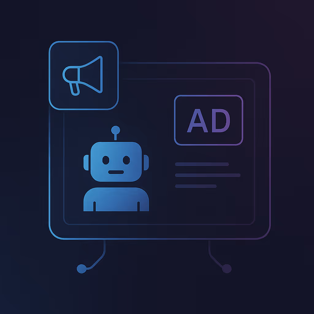 dark blue and purple background with cartoon of ai robot, mircophone text of ad and decorative lines around