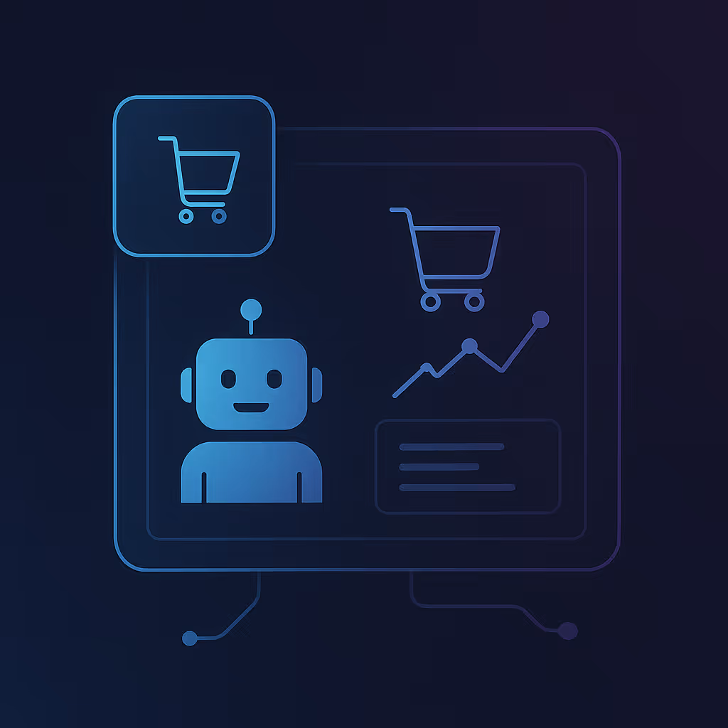 dark blue and aqua colored background, with ai robot, graph going up and a shopping cart