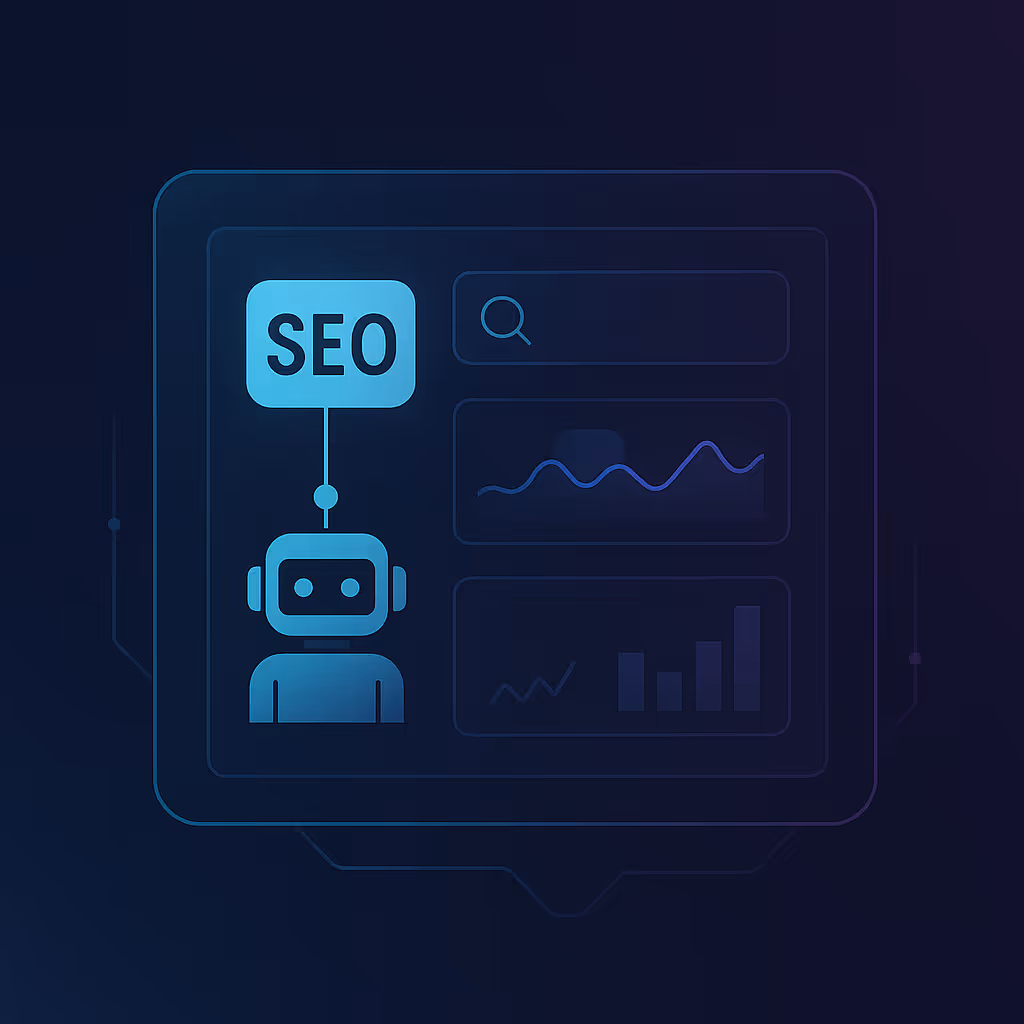 dark blue and aqua background, with ai robot and above it are letters saying SEO