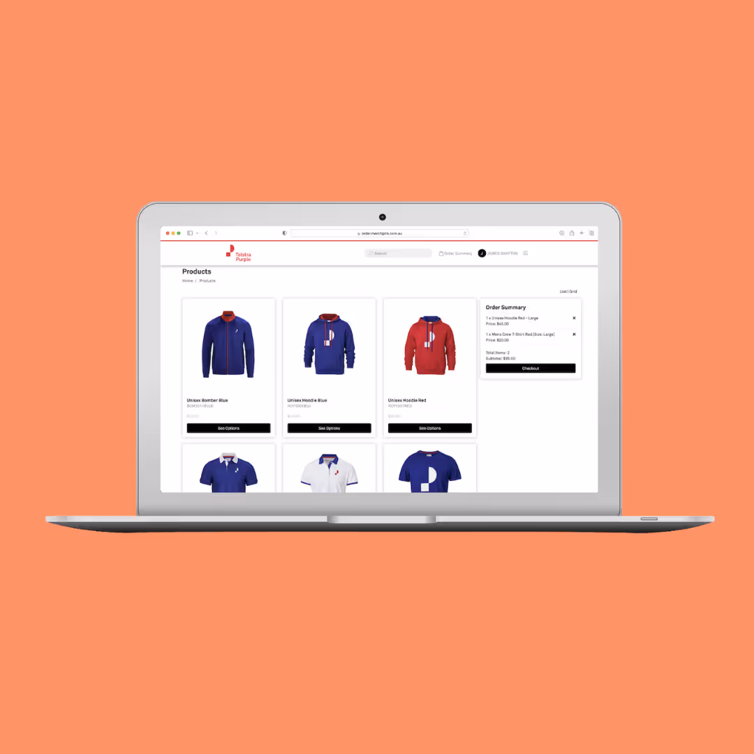 Branded merch portal dashboard designed by Merchgirls – streamlining merchandise orders, stock visibility, and fulfilment.