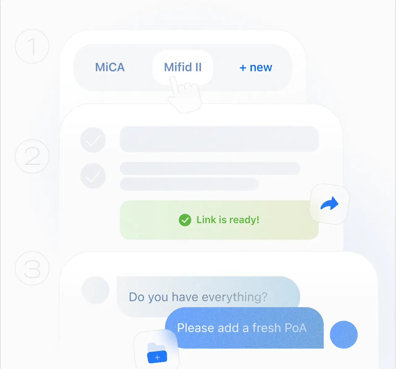 Interface mockup of Detelio’s compliance dashboard where users select MiCA or MiFID II regulations and receive instant verification links for document readiness.