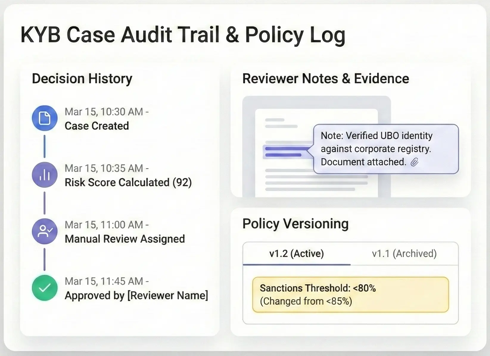 Audit trail showing decision history, reviewer notes verifying UBO, and policy version with sanctions threshold update.