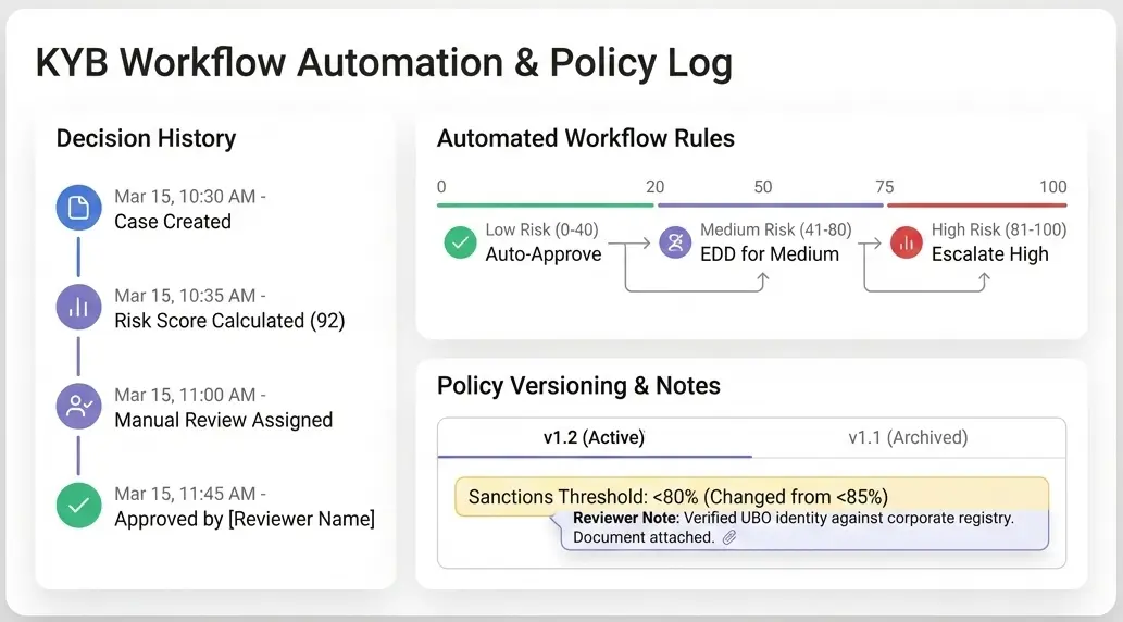 KYB workflow log with decision history, risk-based automated workflow rules, and policy version notes.