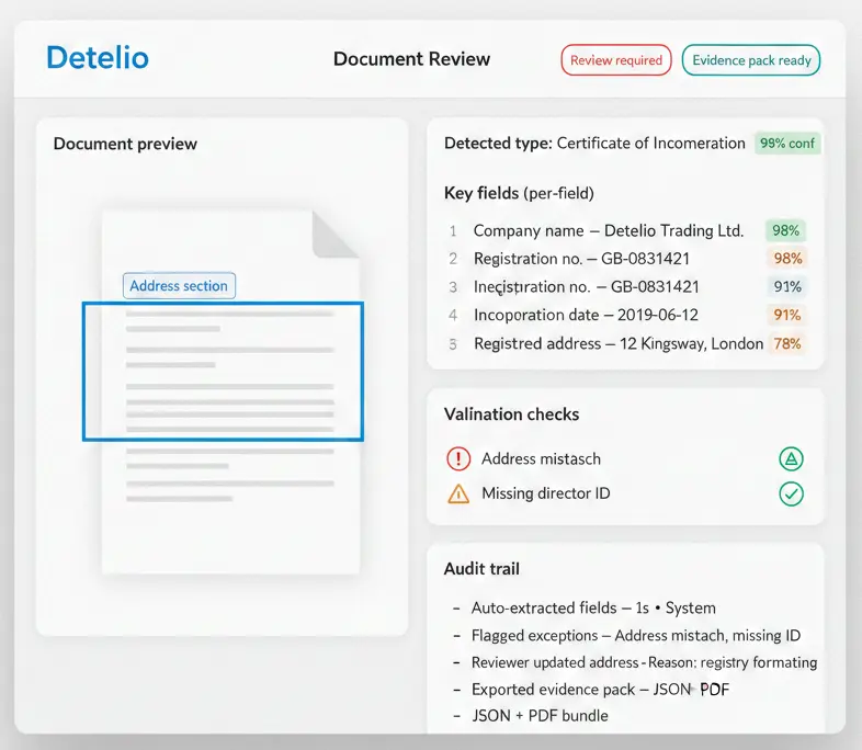 Screenshot of the Detelio Document Review dashboard. The interface displays a document preview on the left highlighting an extracted address, alongside a right-hand panel showing extracted key fields with confidence scores, validation alerts, and an automated audit trail.
