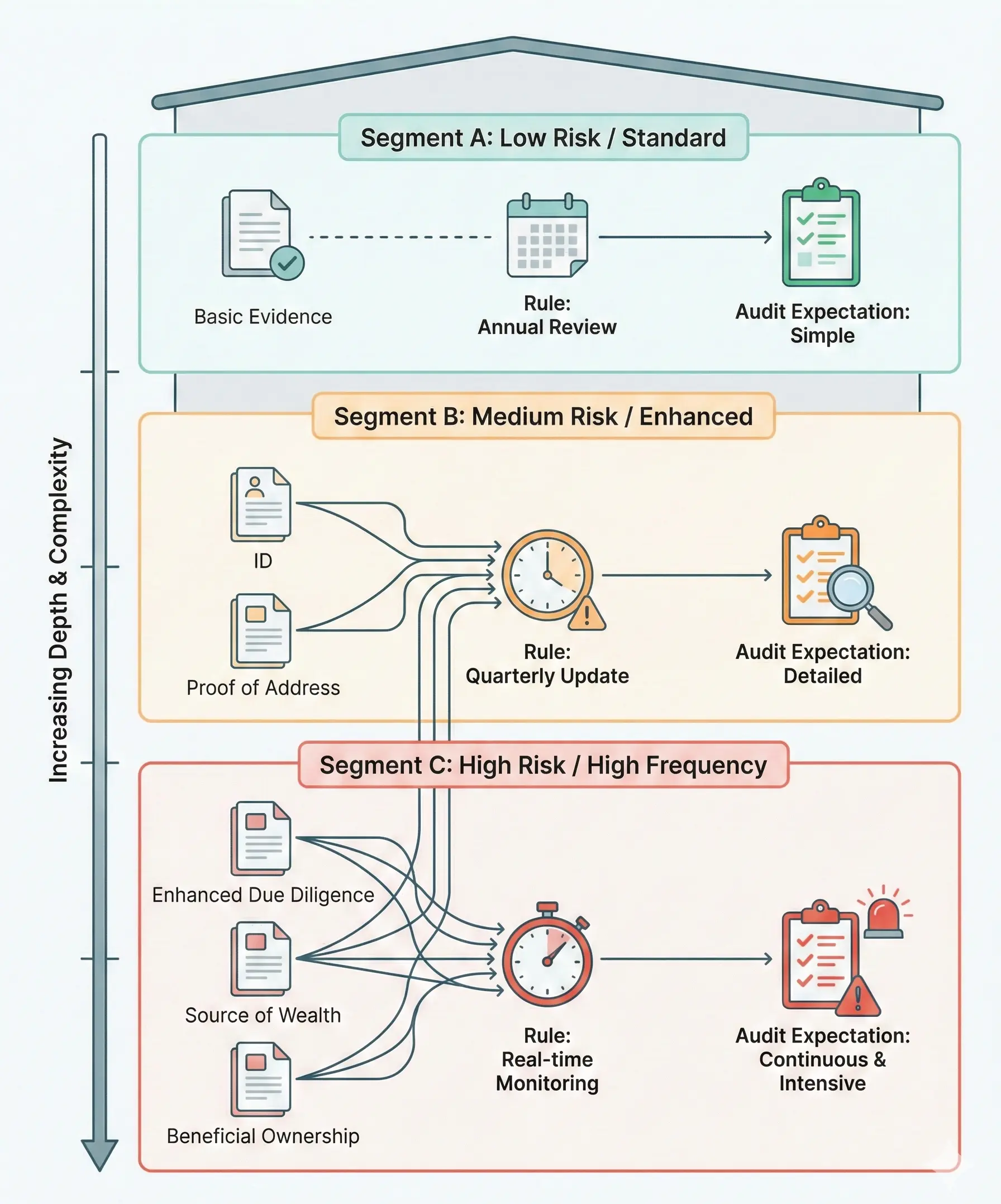 Diagram showing three risk segments with increasing audit depth: low annual review, medium quarterly, and high real-time.
