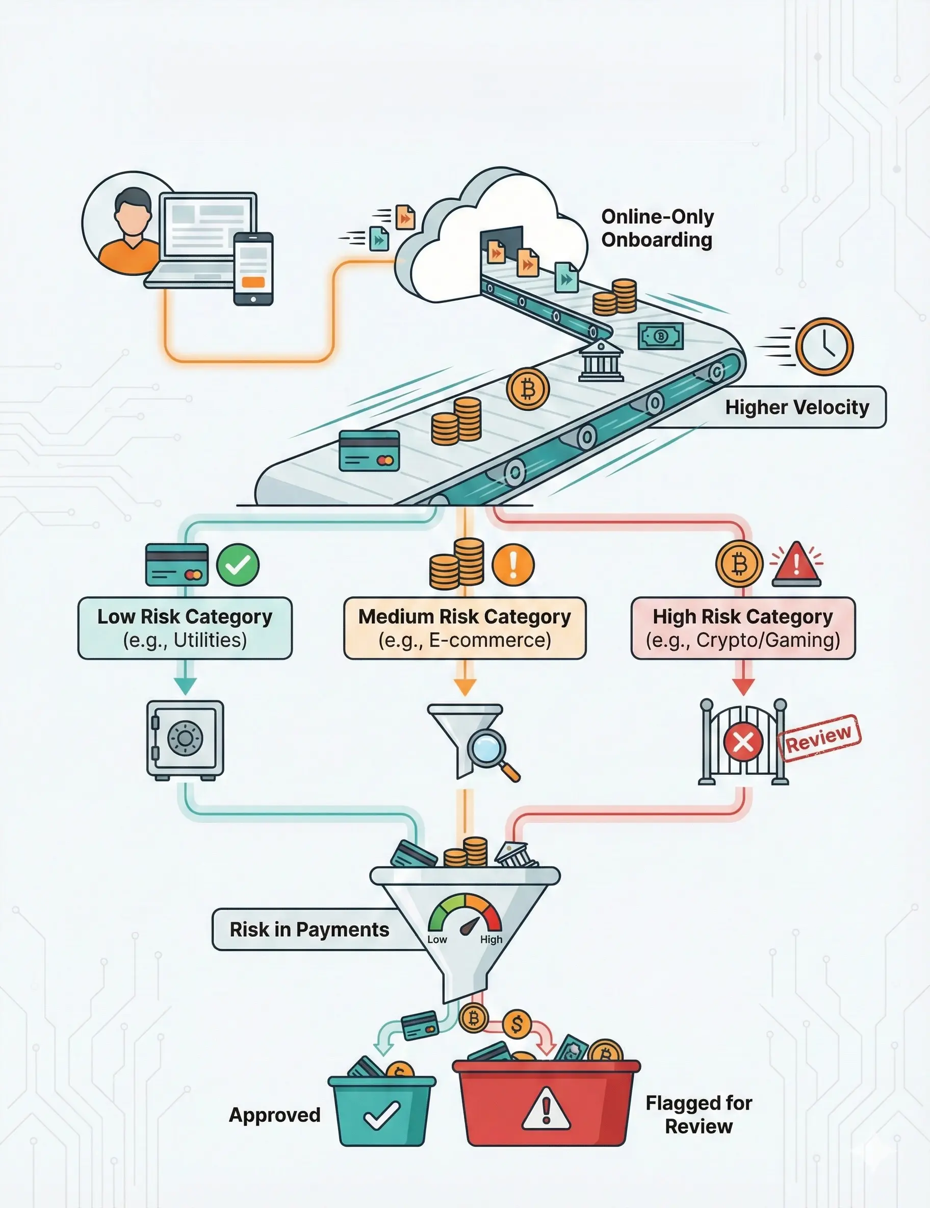 Flowchart showing online onboarding, payment risk categories, risk filtering, and approval or review flags.