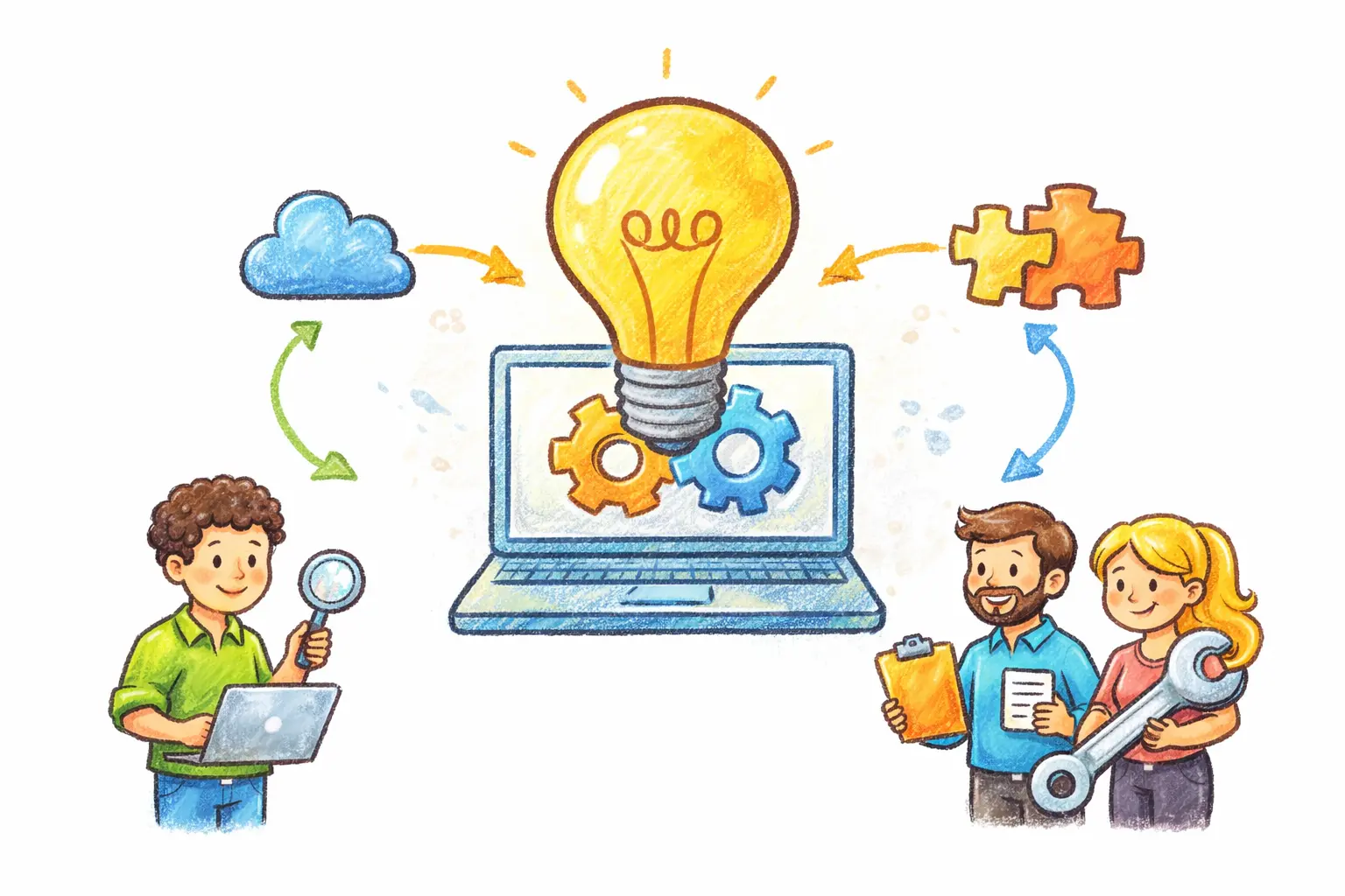 Illustration of three people with laptop, gears, lightbulb, cloud, and puzzle pieces showing teamwork and ideas.