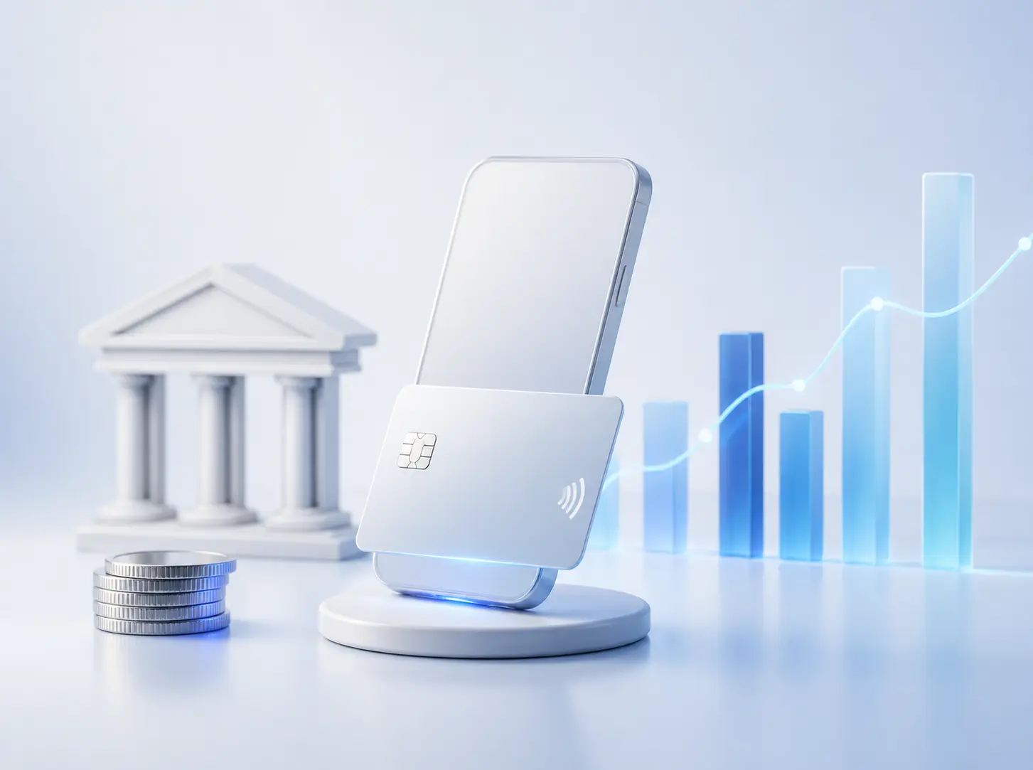 Smartphone with a credit card floating in front, coins, bank building, and rising bar chart.