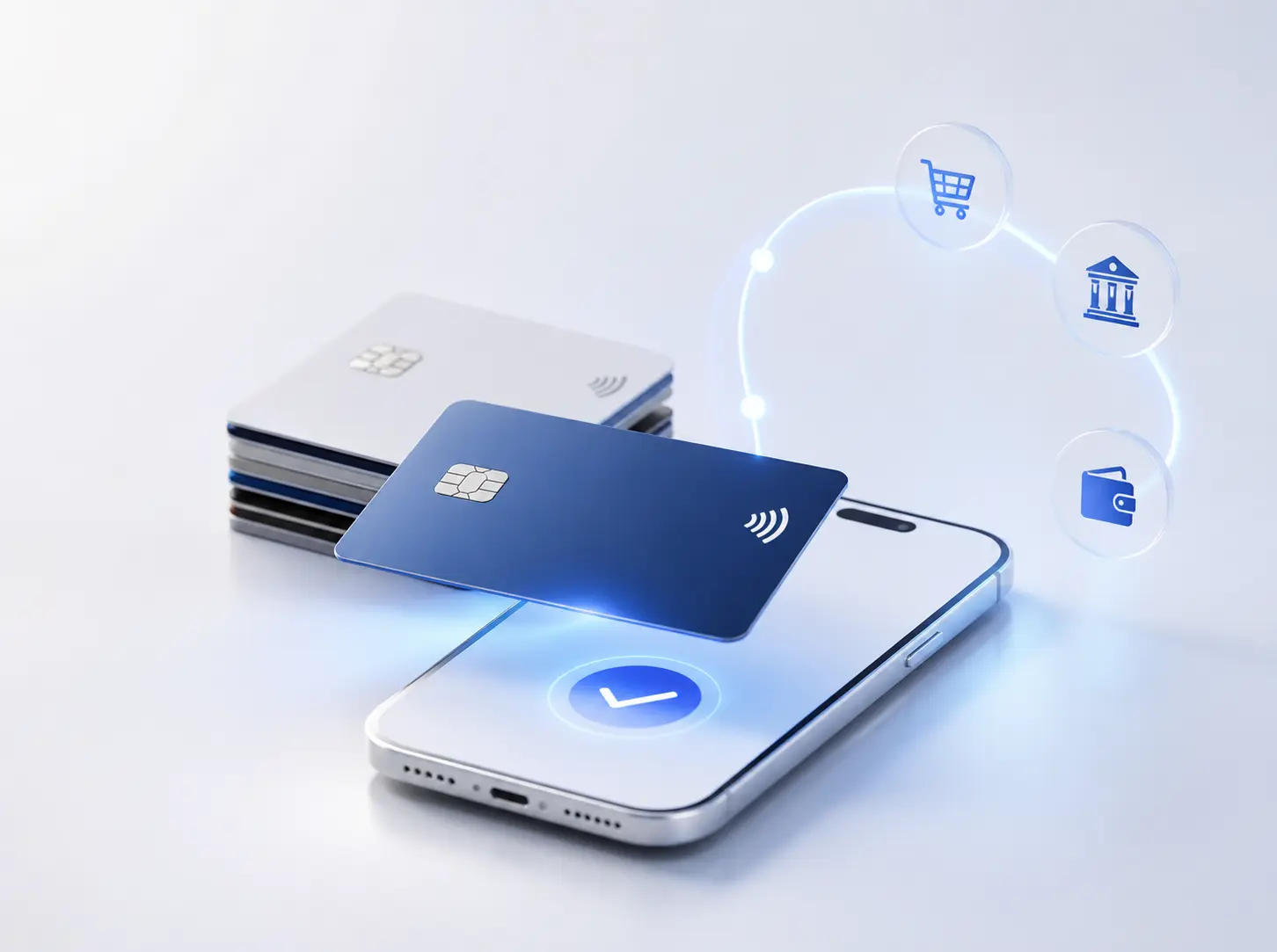 Blue credit card hovering over smartphone with digital checkmark and payment icons.