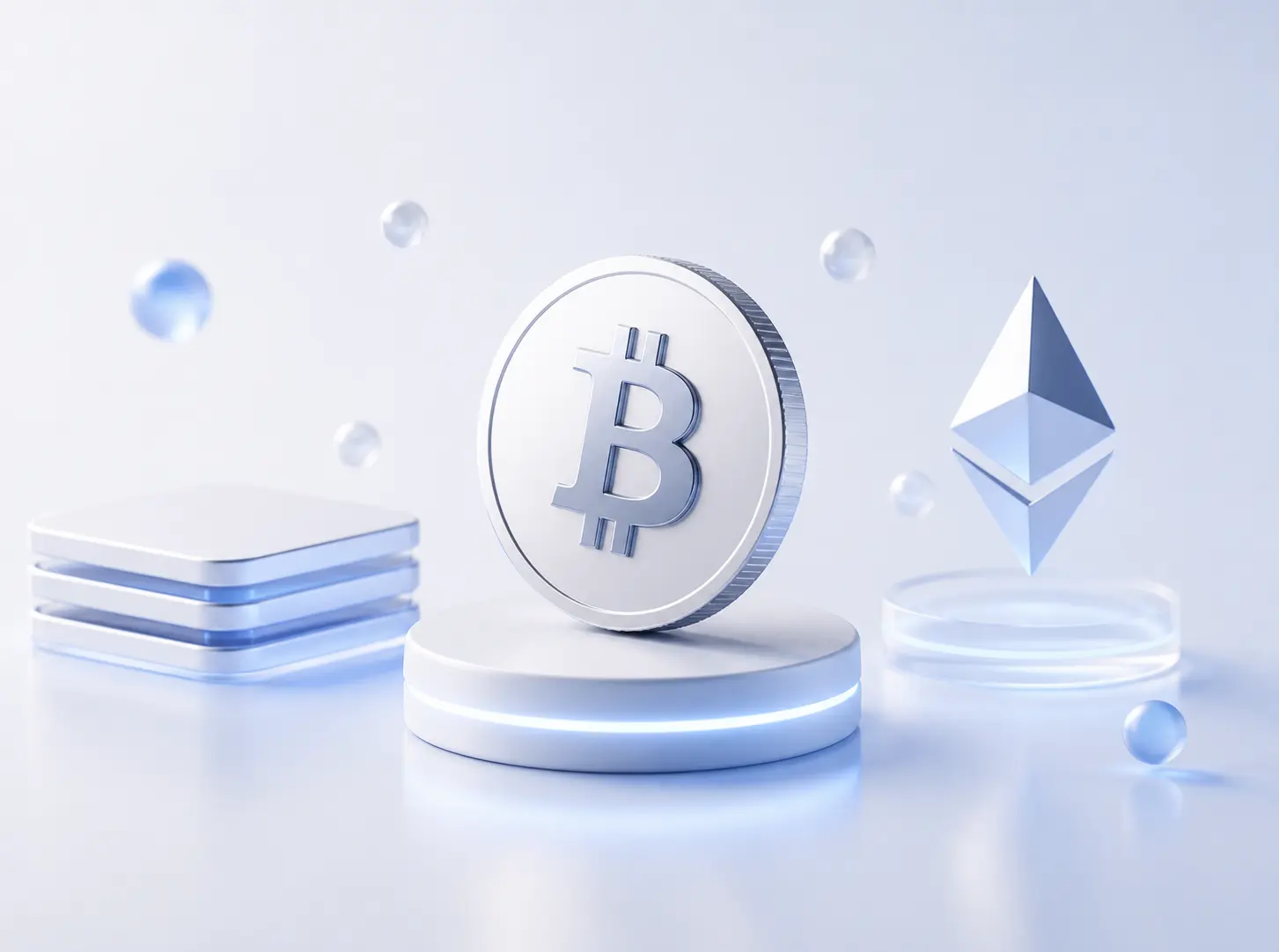 3D render of silver Bitcoin and Ethereum crypto coins on futuristic platforms with floating spheres.