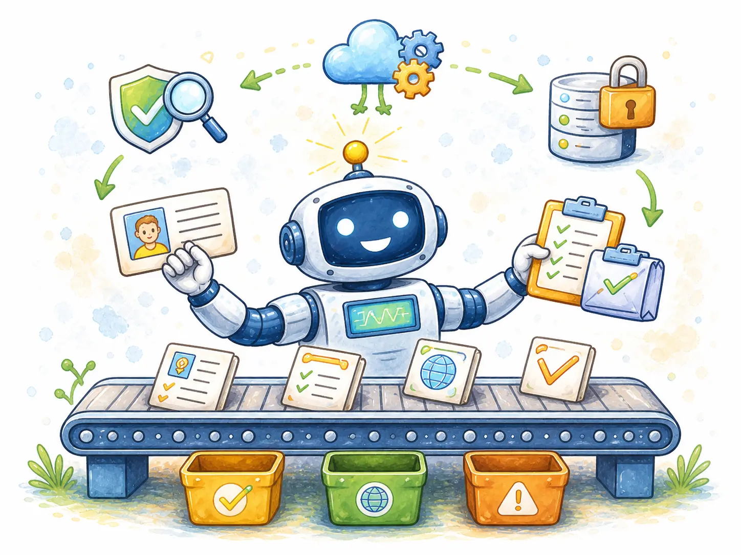 Happy robot sorting documents on conveyor belt with icons for security, cloud, and database automation.