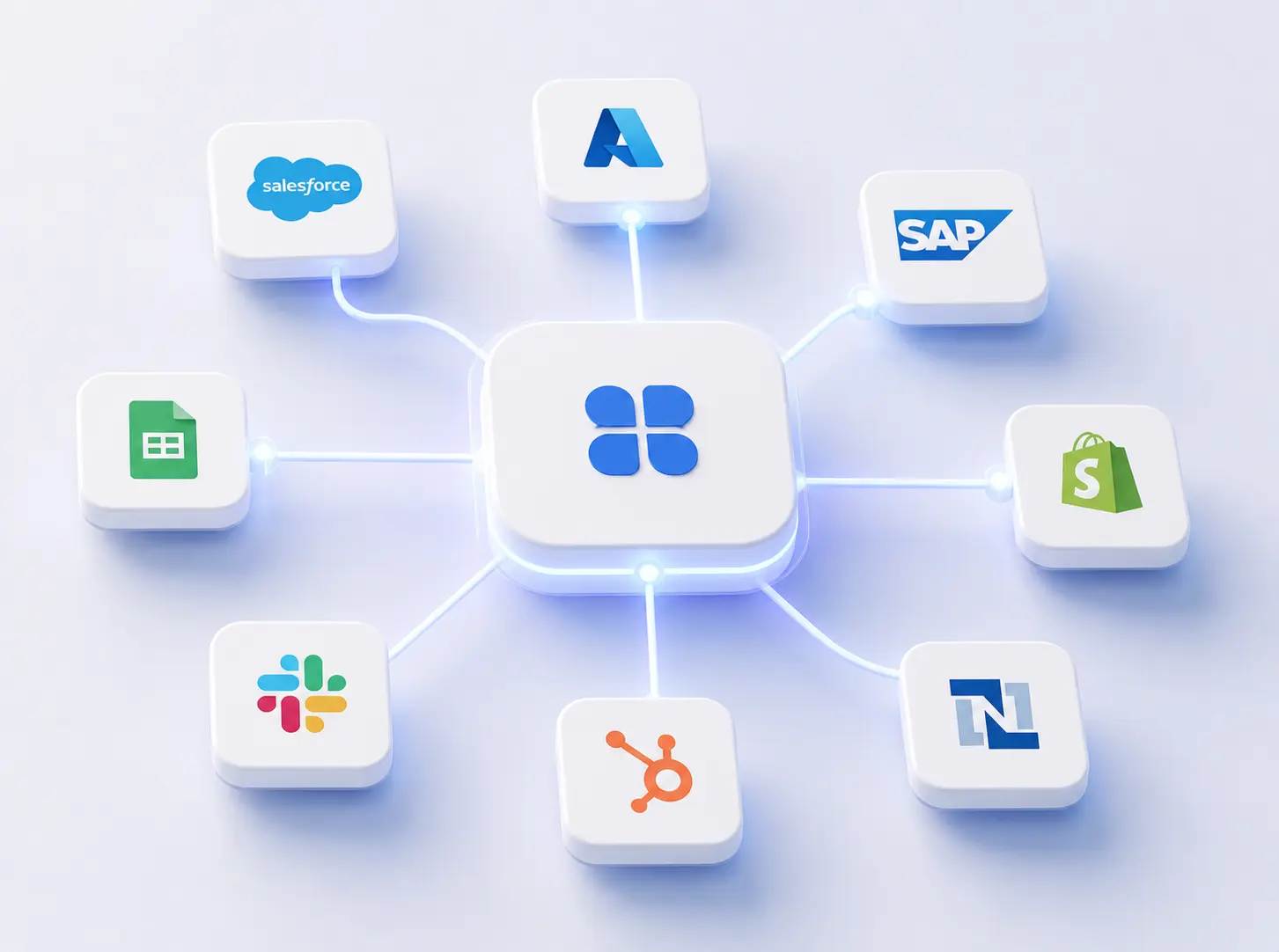 Diagram showing the Detelio platform logo centered and connected to popular enterprise software integrations including Salesforce, Microsoft Azure, SAP, Shopify, NetSuite, HubSpot, Slack, and Google Sheets.