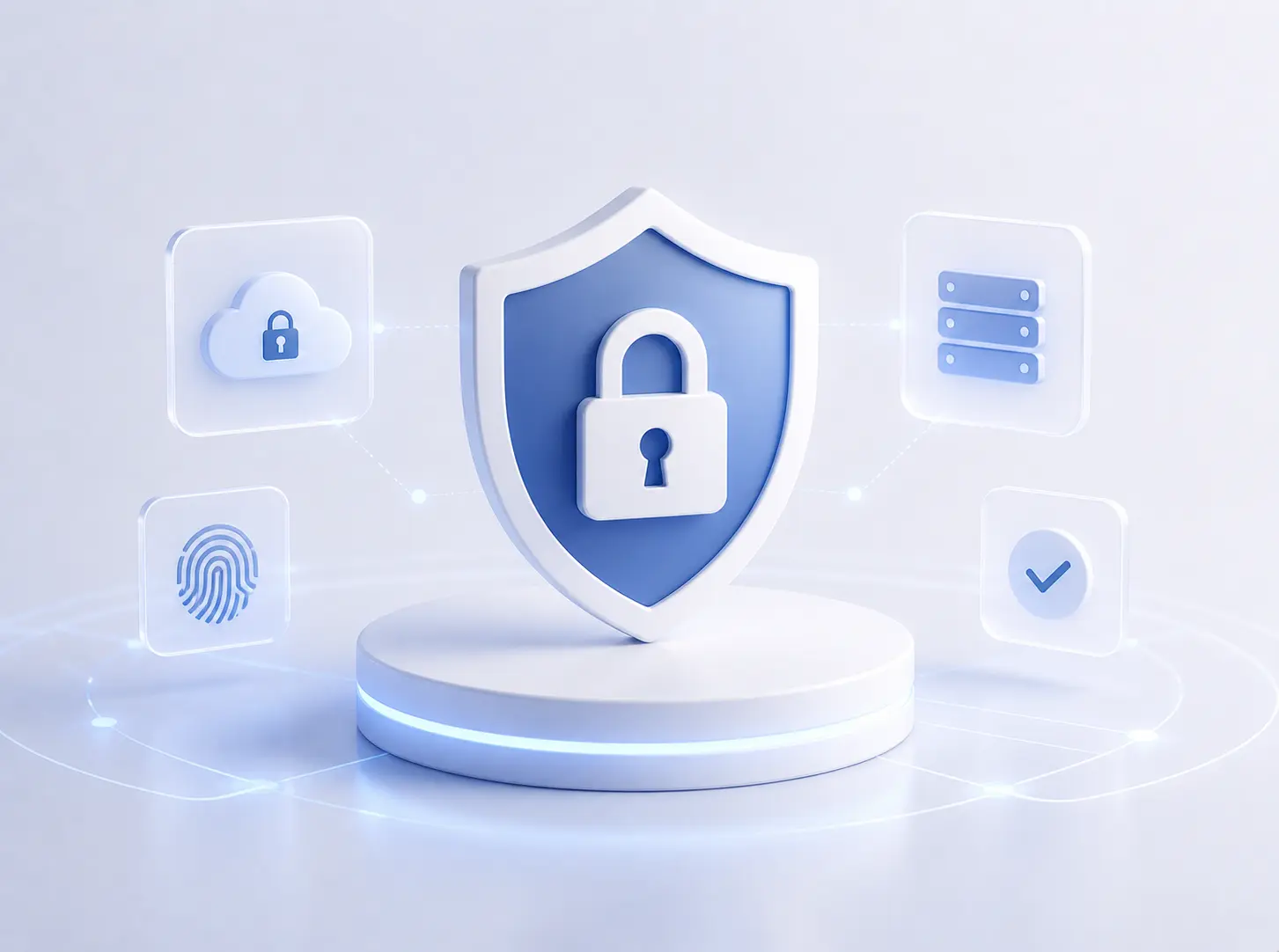 3D shield with a lock symbol on a pedestal surrounded by cloud, fingerprint, server, and check icons.