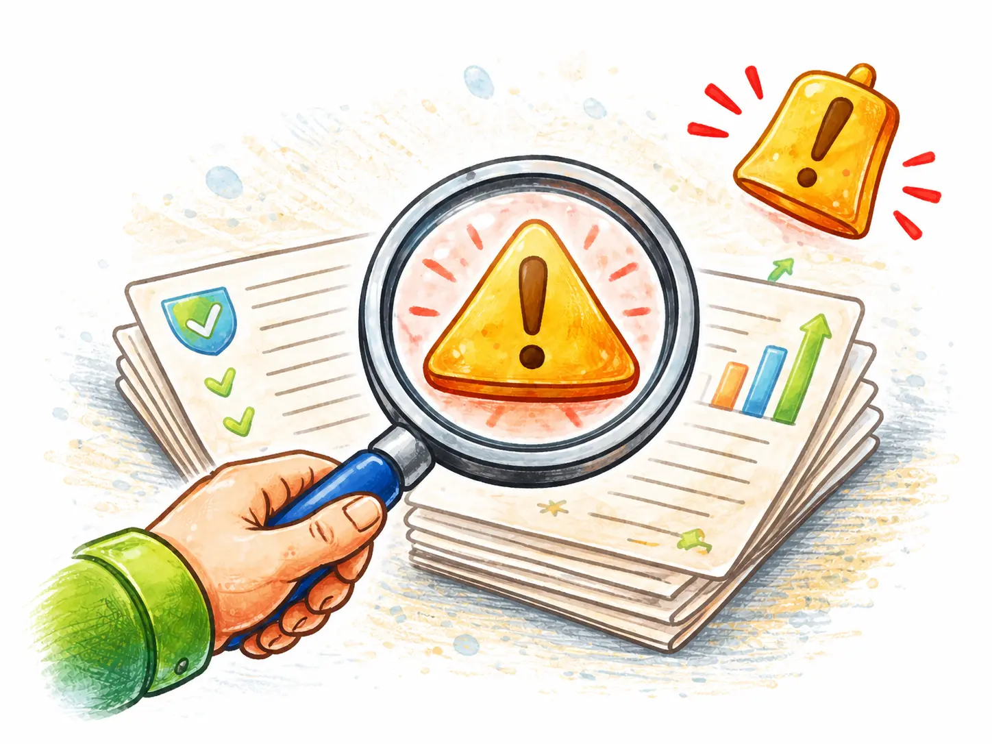 Hand holding magnifying glass over documents highlighting warning sign with exclamation mark.
