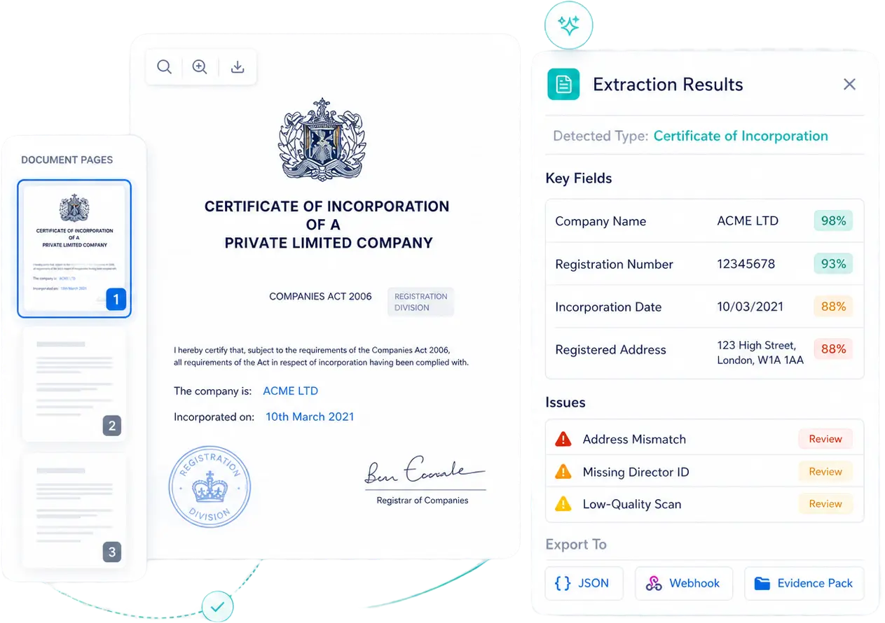 Certificate of incorporation for ACME LTD with details and extraction results showing key fields and issues for review.