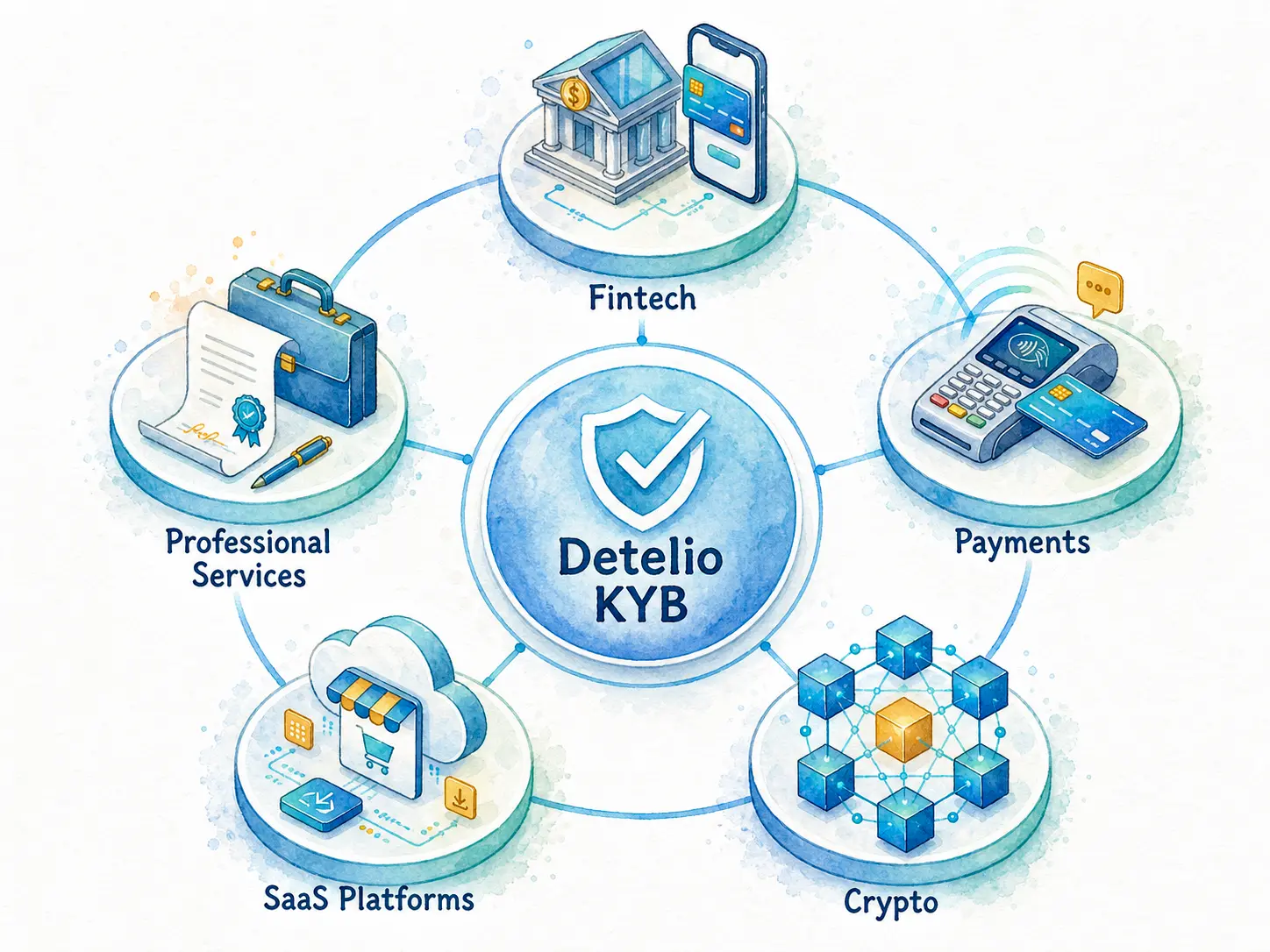 Diagram showing Detelio KYB connected to fintech, payments, crypto, SaaS platforms, and professional services.
