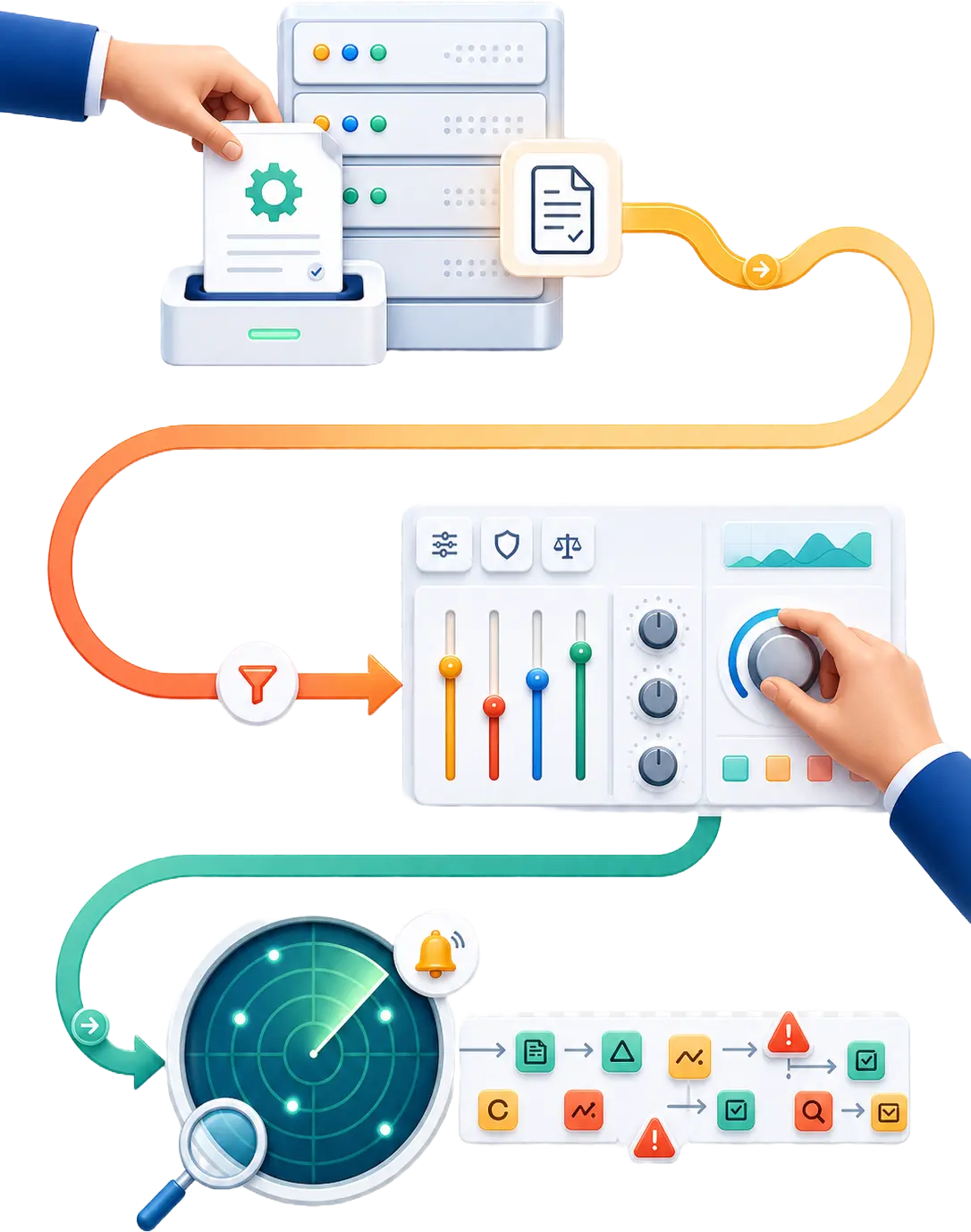 Flowchart showing data flow: set baseline, tune rules with controls, then continuous monitoring with alerts.