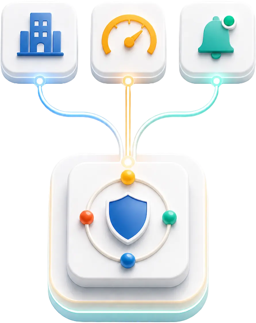 Connected icons of building, speedometer, and notification linked to a central shield symbol.