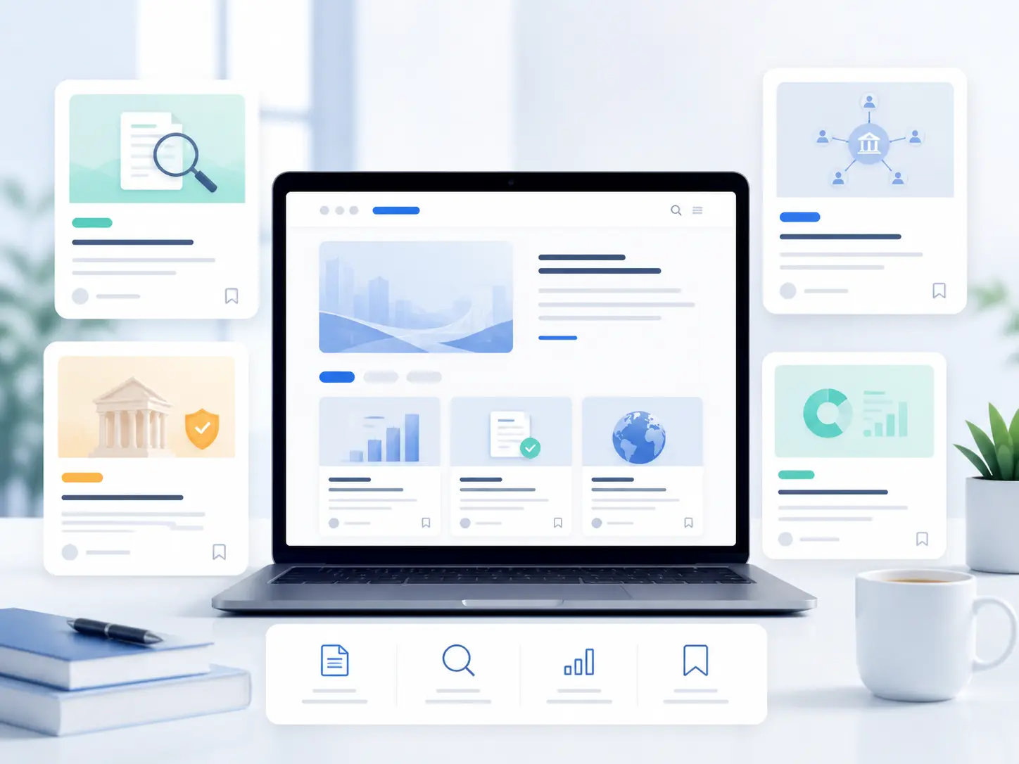 Laptop on a desk with digital icons of documents, analytics, and networks floating around.