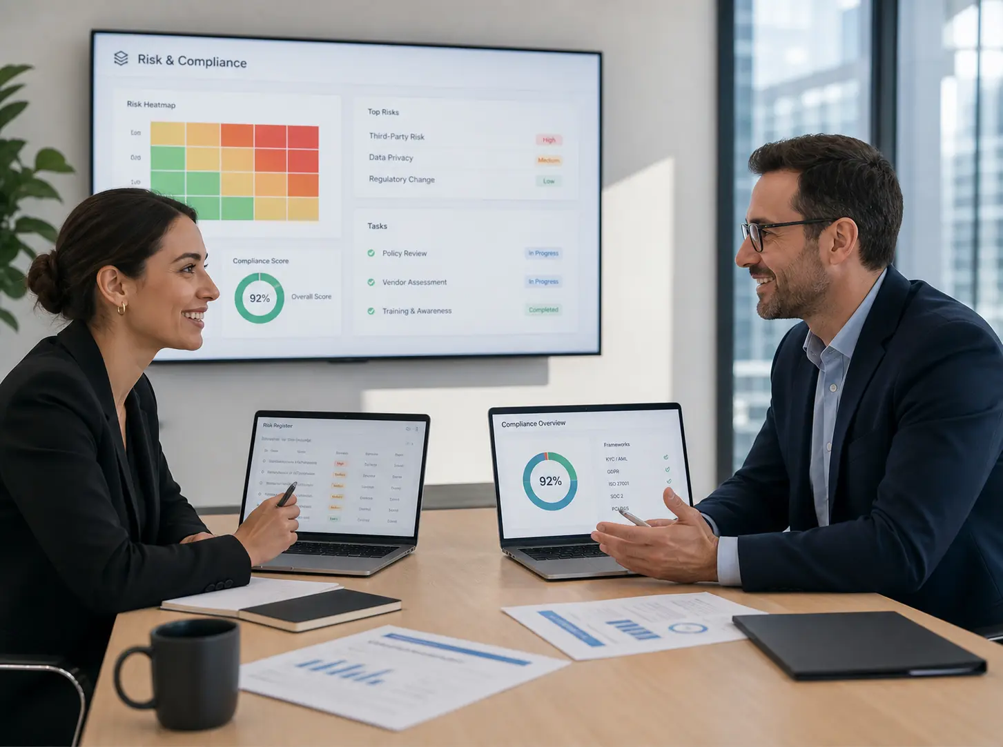 Two professionals discuss risk and compliance data displayed on laptops and a screen in a modern office.