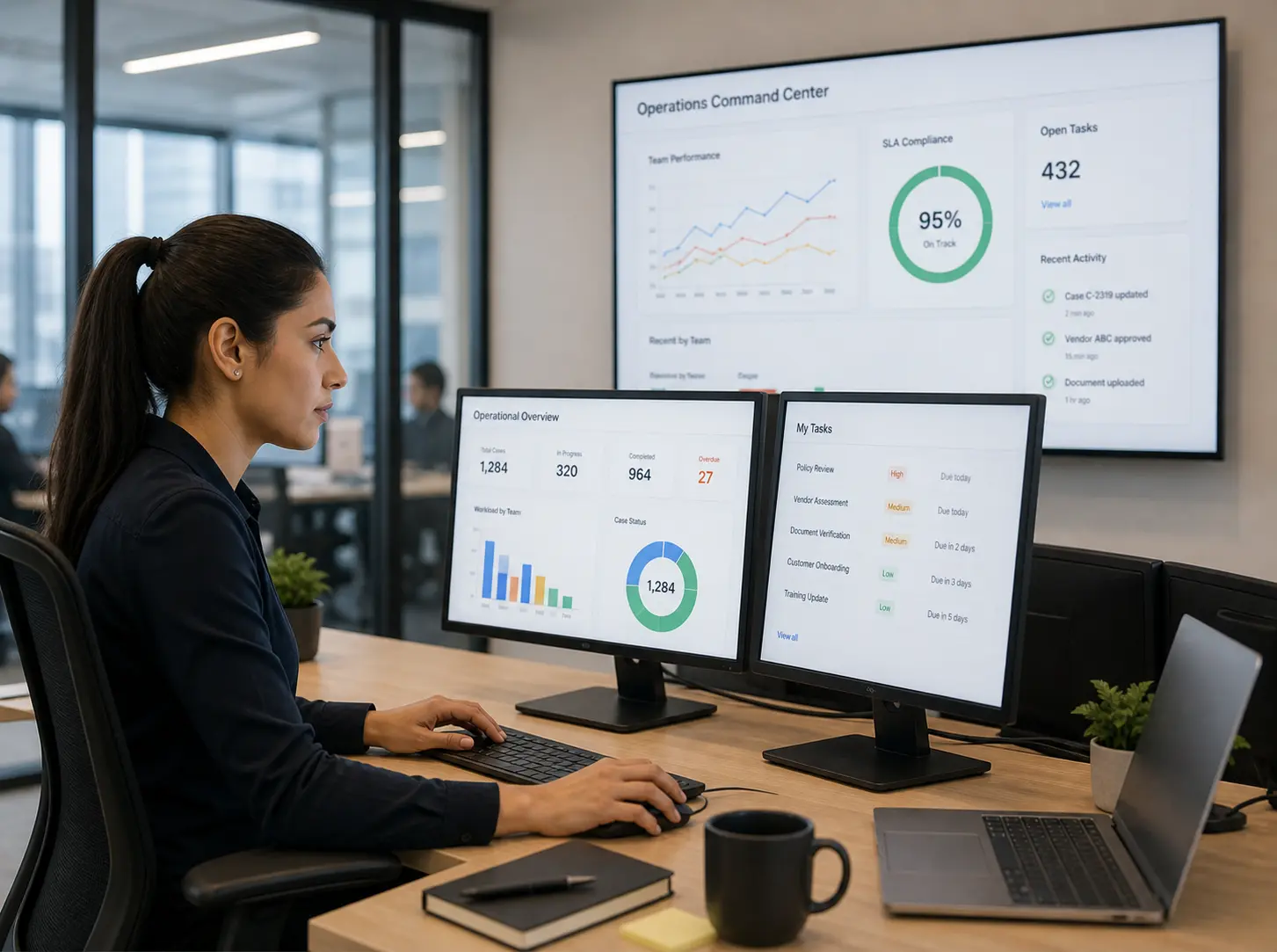 Woman working at a desk with two monitors and a large screen showing operation and task dashboards.
