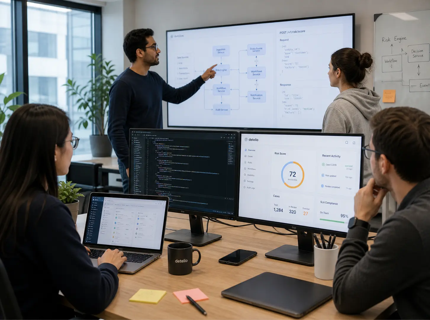 Four people in an office reviewing code and risk score data on multiple monitors and a large screen.