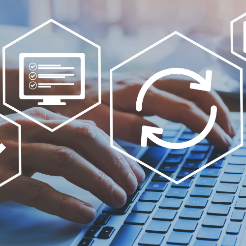 Hands typing on a laptop keyboard with floating hexagons containing digital icons, including a checklist on a monitor and a refresh symbol.