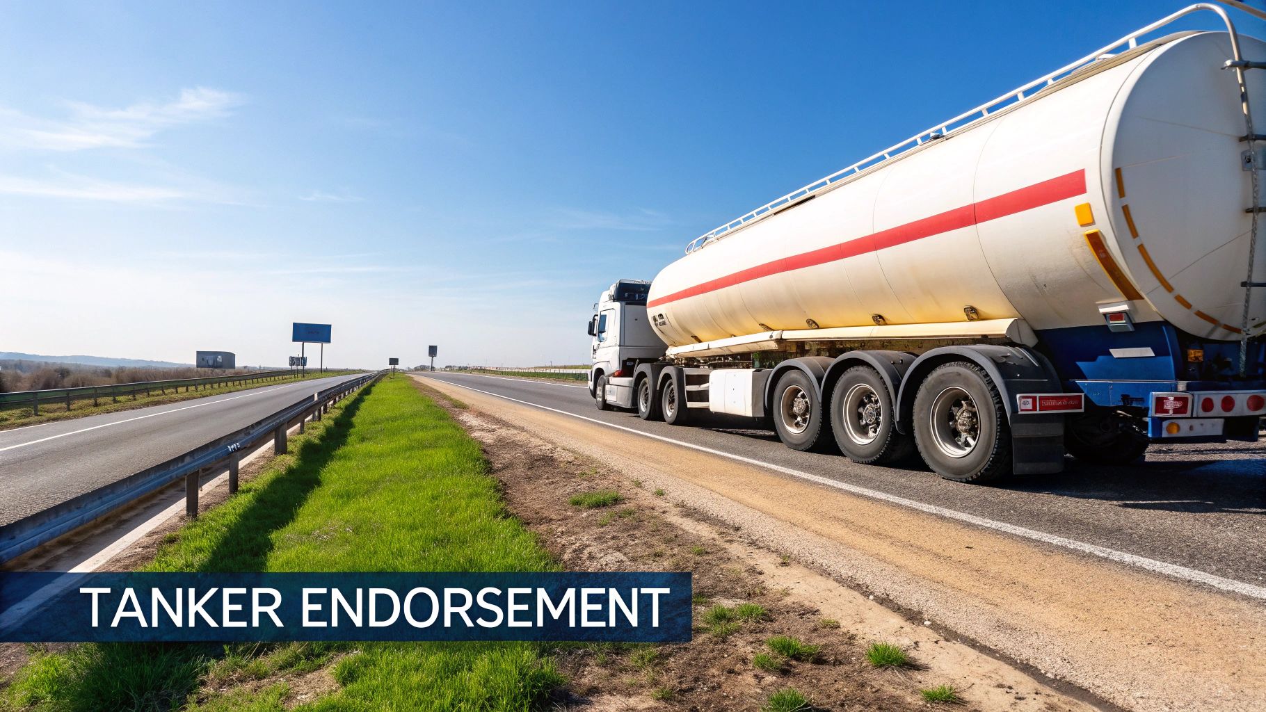 A tanker truck driving on a highway at sunset, illustrating the type of vehicle requiring a tanker endorsement.