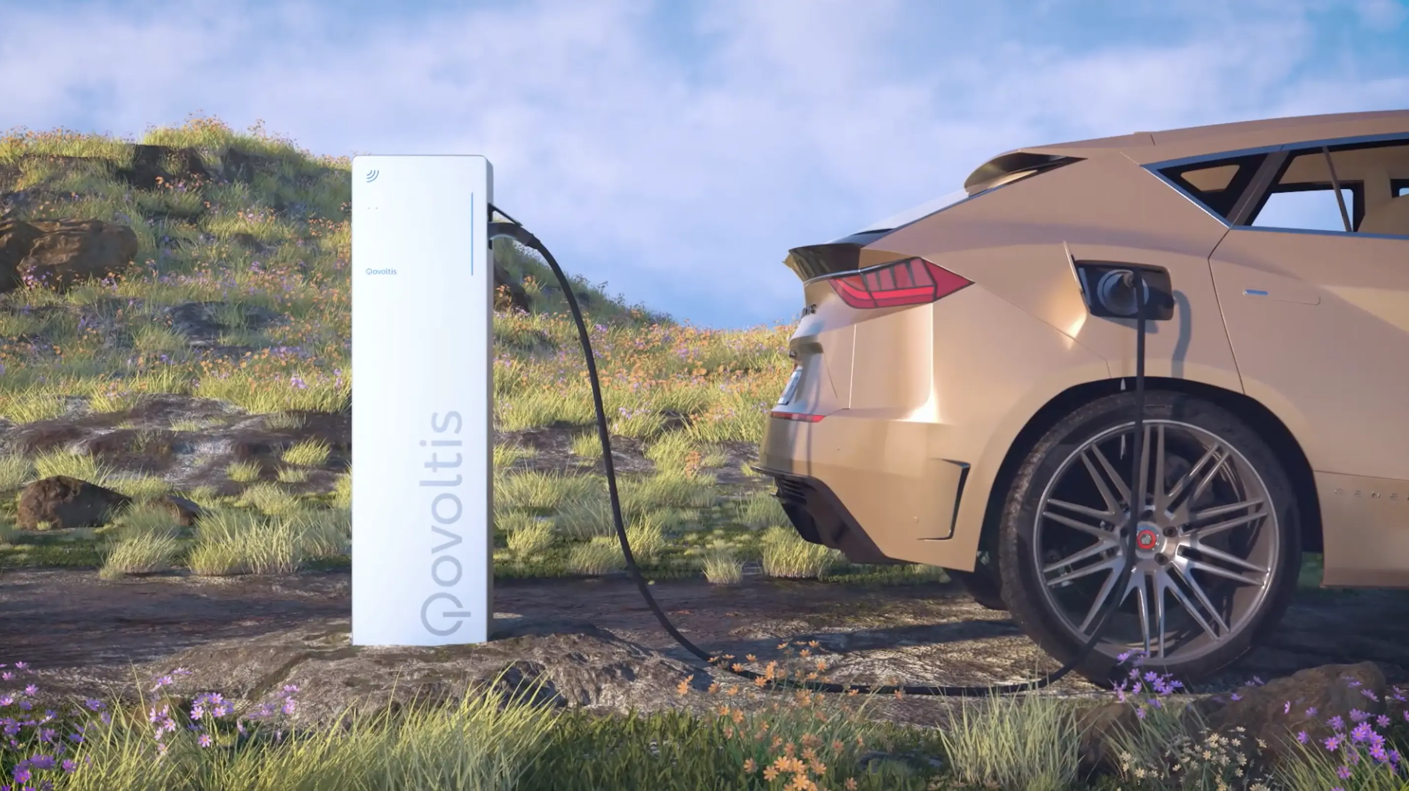 Borne de recharge Qovoltis branchée à une voiture électrique dans un environnement naturel