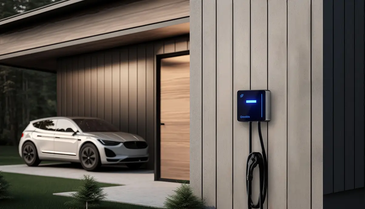 Qobox Mini home charging station at an employee's house, electric vehicle charging