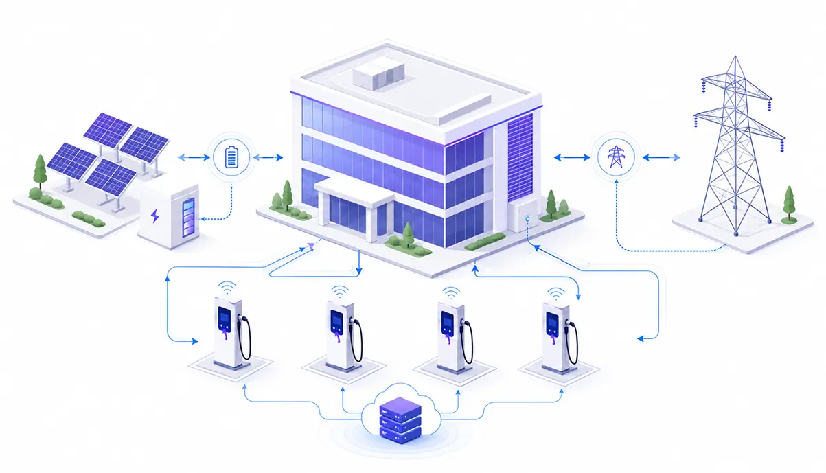 Diagram of how smart charging works: building connected to solar panels, the electrical grid, and 4 charging stations managed through the Qockpit cloud
