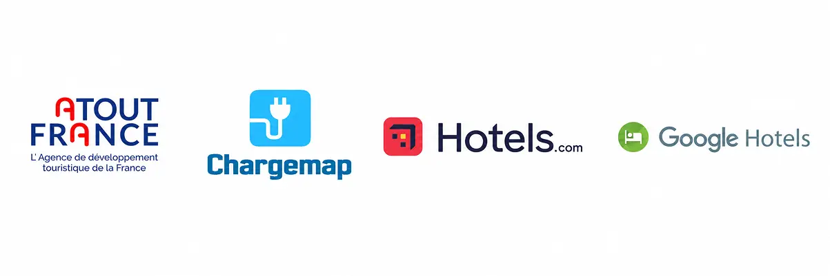 Logos of Atout France, Chargemap, Hotels.com and Google Hotels platforms for listing a hotel's EV charging stations