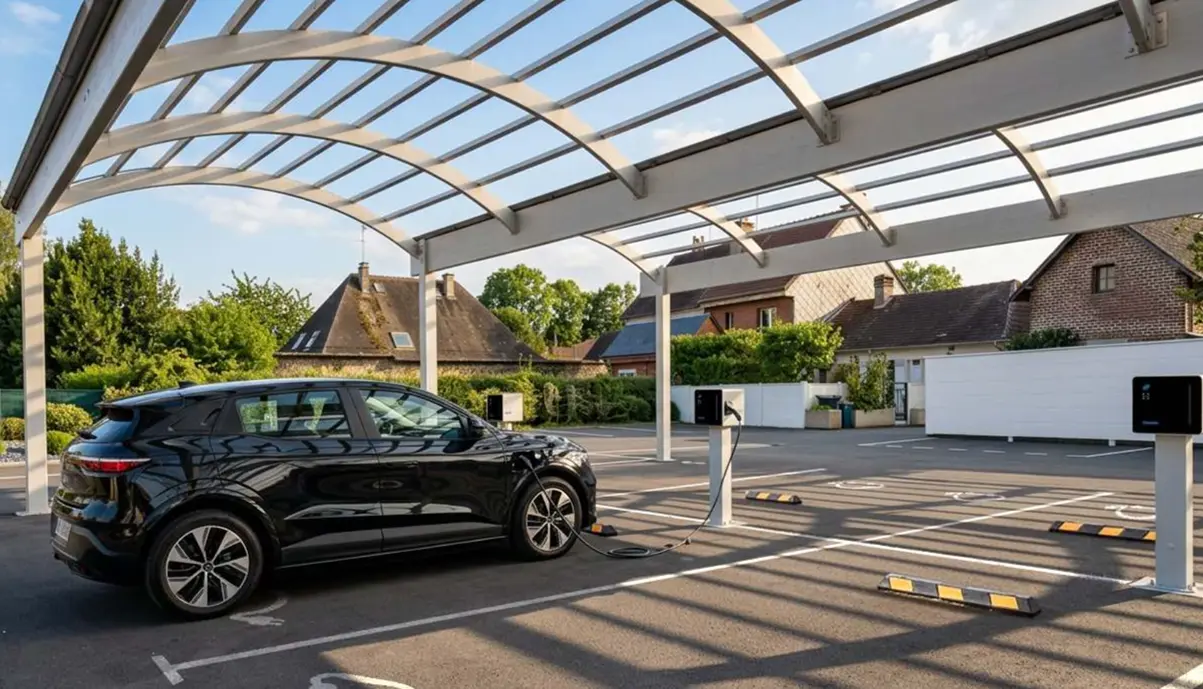 Voiture électrique noire en charge sous un carport équipé de deux bornes de recharge, dans un parking d'hôtel.