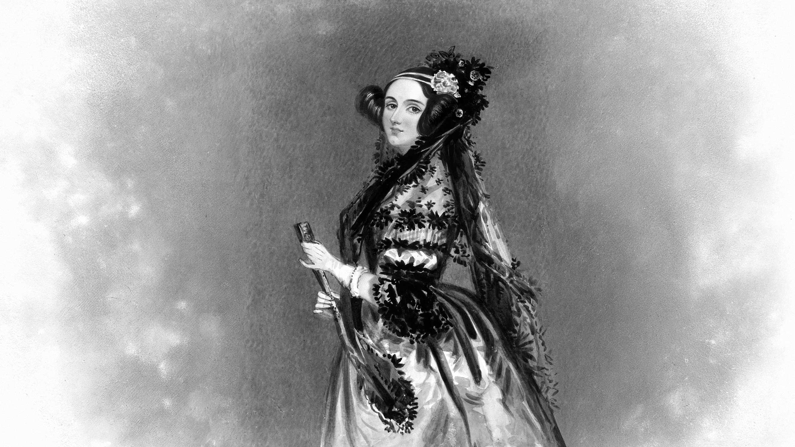 Historisches Porträt einer Person in elegantem Kleid mit Blumen und Kopfschmuck.