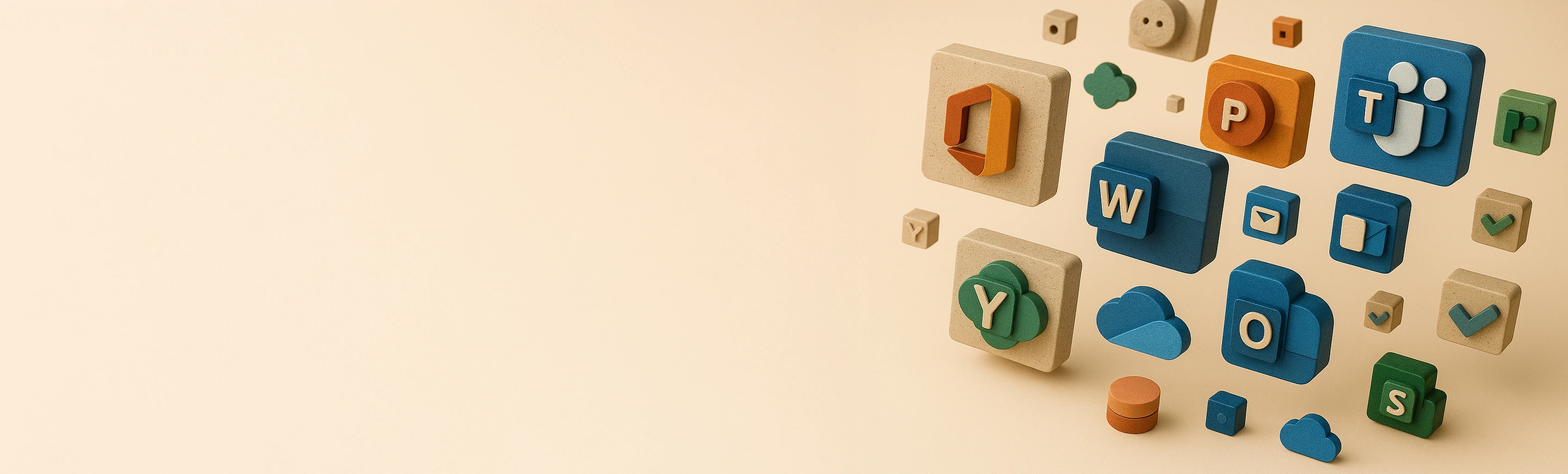 Iconos tridimensionales en tonos tierra y azules que representan aplicaciones de Microsoft 365 sobre fondo beige.