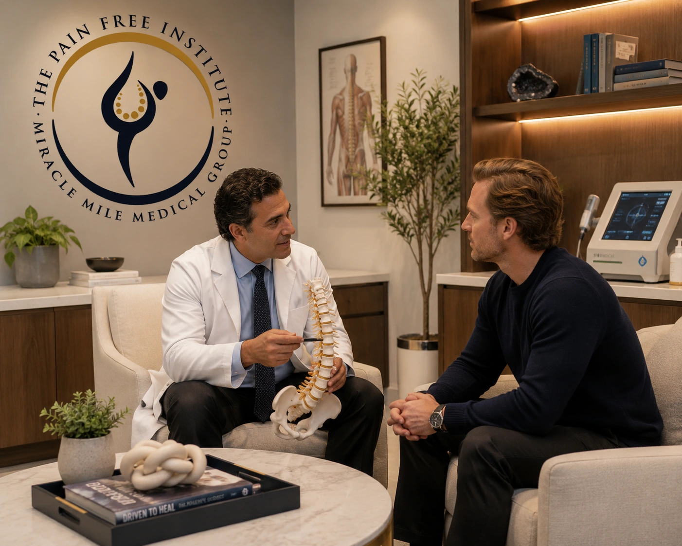 The Pain Free Institute consultation with a doctor using a spine model to explain non-surgical pain care to a patient in a calm, upscale medical office