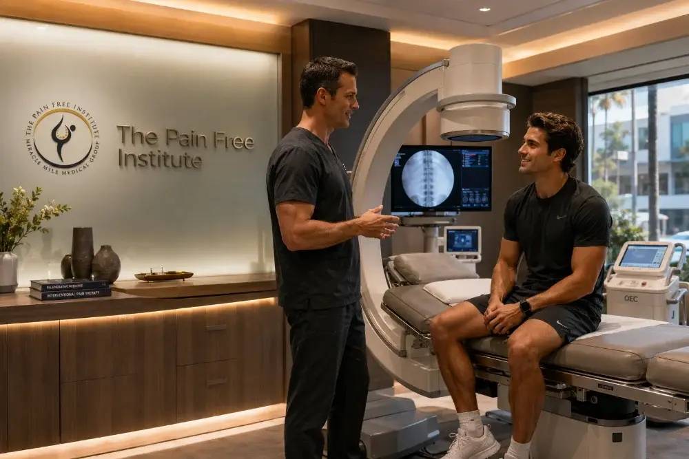 Pain specialist discussing image-guided interventional pain management near West Hollywood, CA with a patient beside advanced fluoroscopic imaging equipment at The Pain Free Institute. 