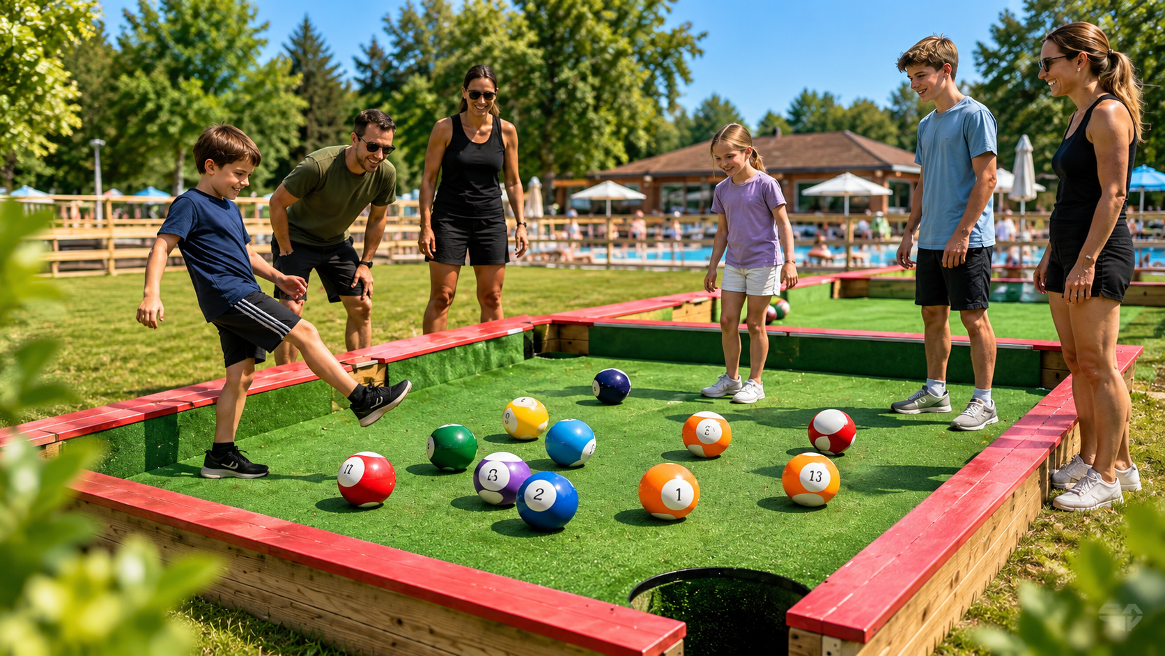 Man står vid en fotbollsbiljardplan på Bälingebadet i Uppsala – unik aktivitet som kombinerar fotboll och biljard