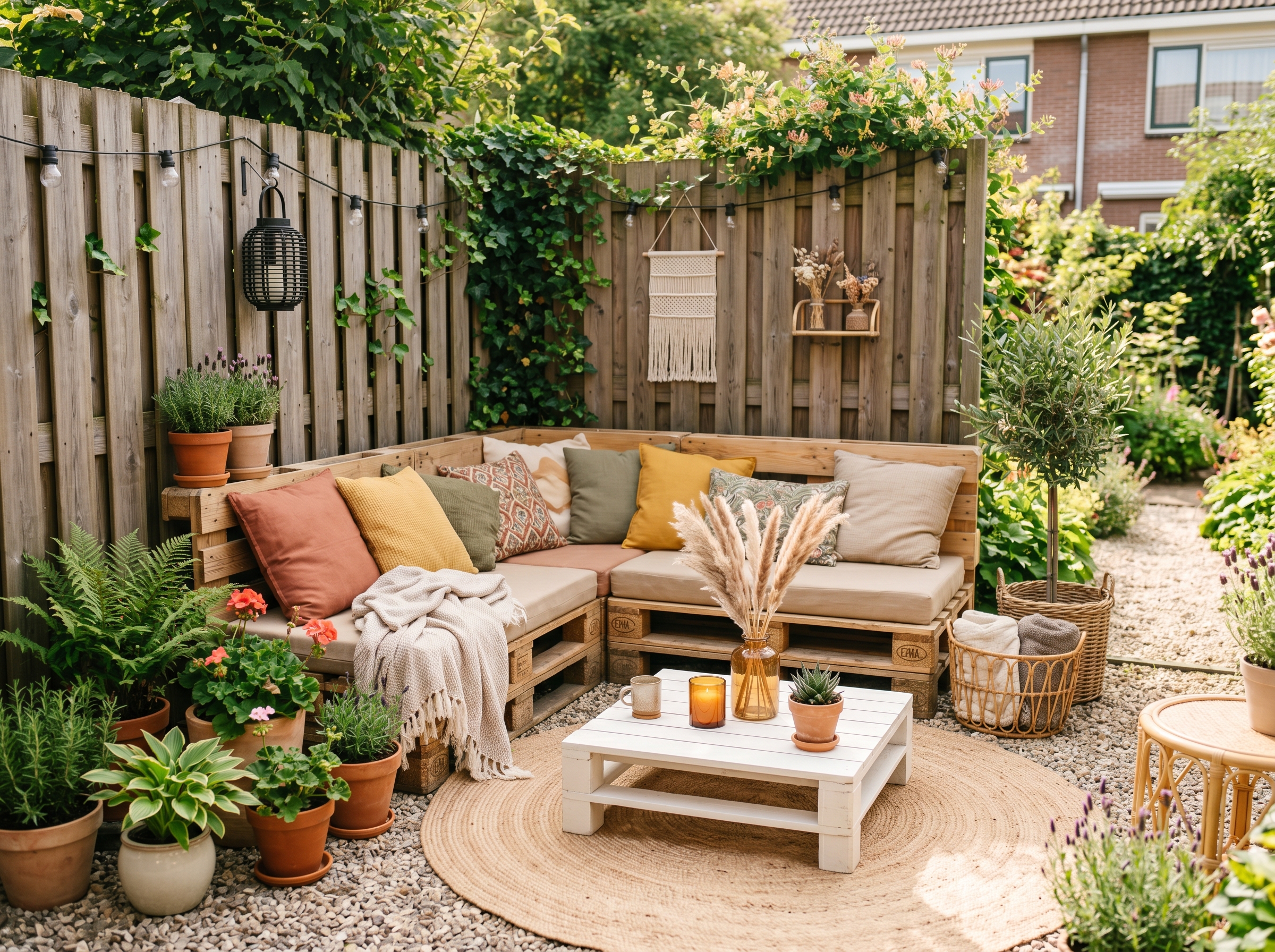 tuin met palletbank en kleurrijke kussens
