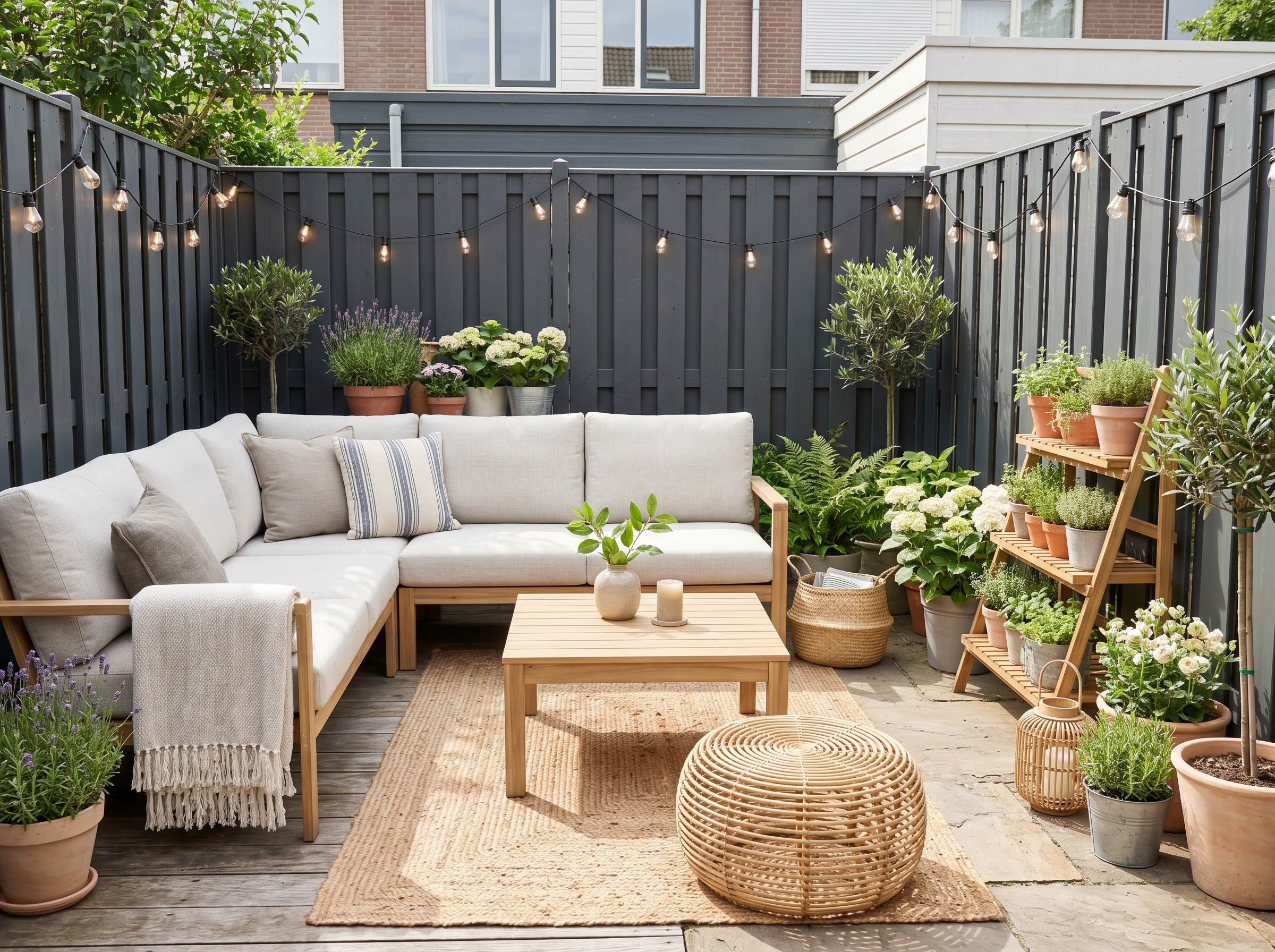 nederlandse tuin met sfeerverlichting