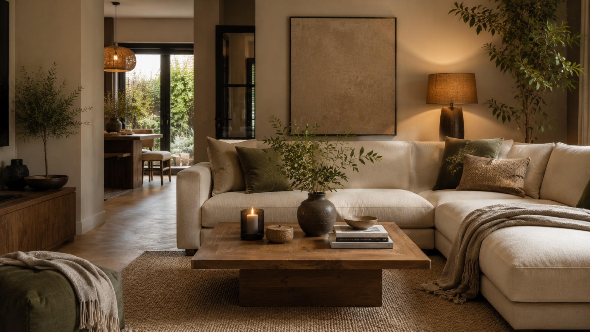 beige en olijfgroen woonkamer