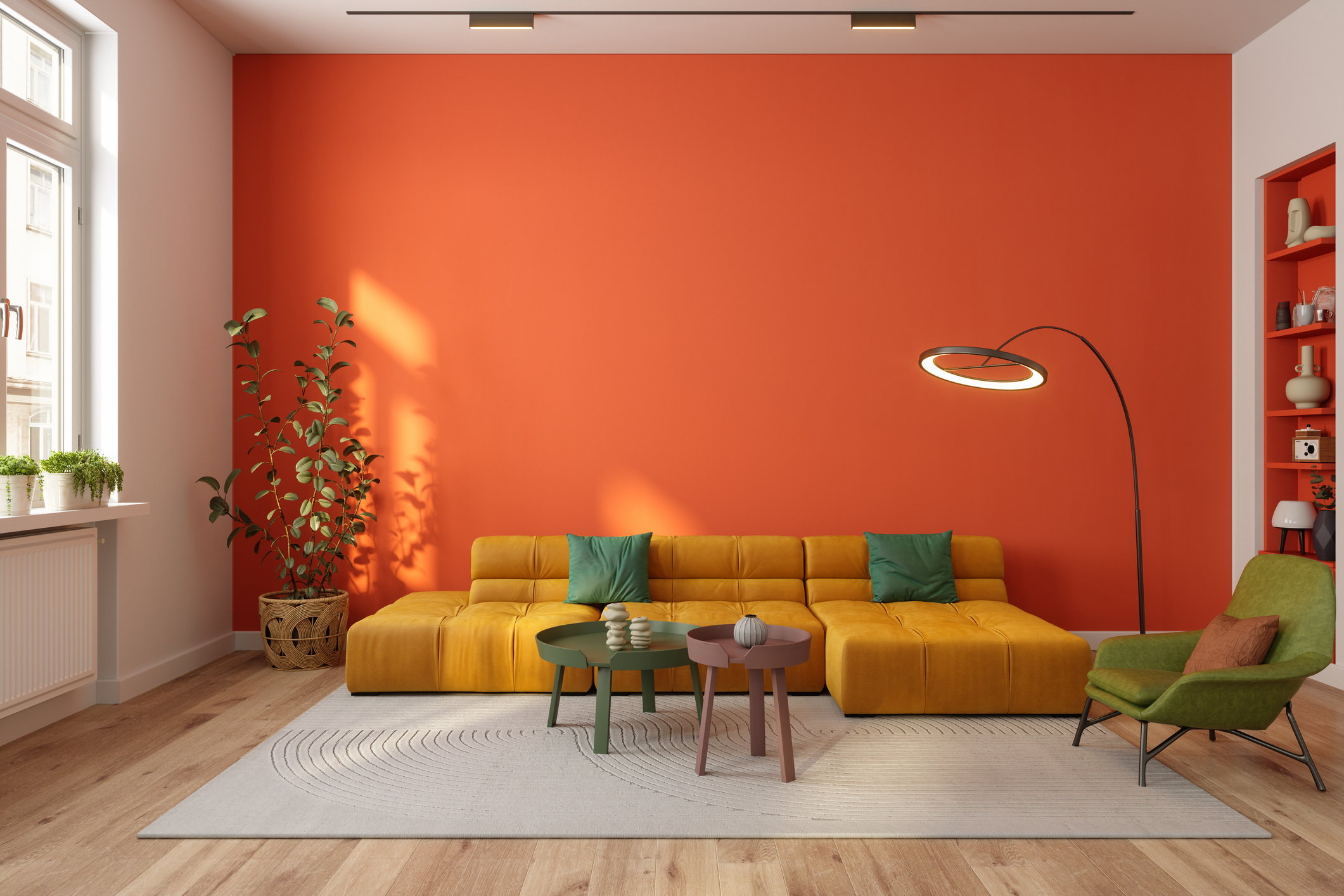 woonkamer kleurrijk oranje muur