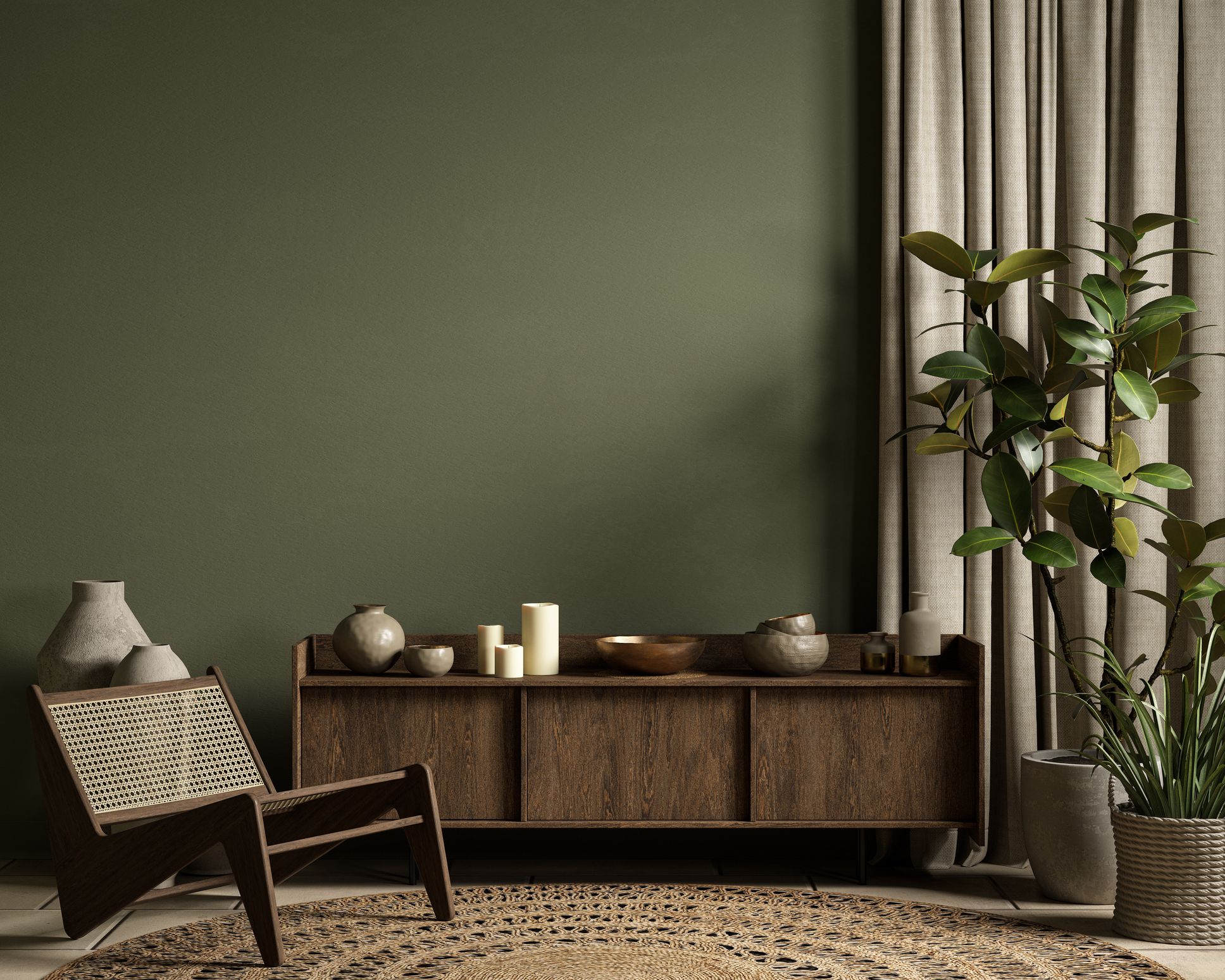 taupe woonkamer met olijfgroen